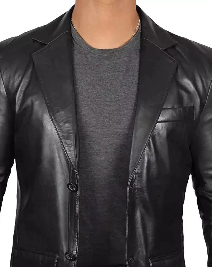 Black Leather Blazer for Tall Men, Two-Button Classic Urban Fit Jacket