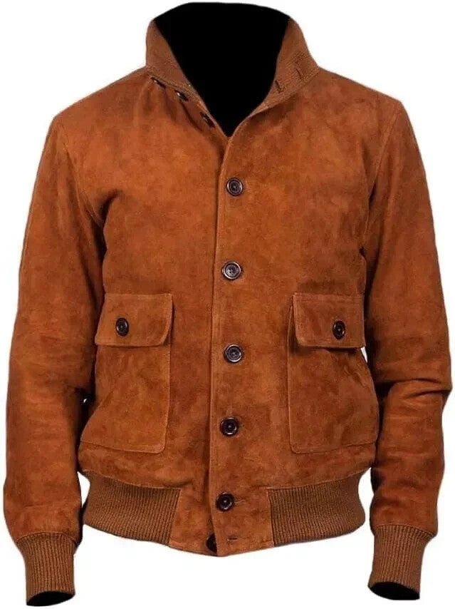 Brown Suede Leather Jacket for Men Button Closure Classic Look