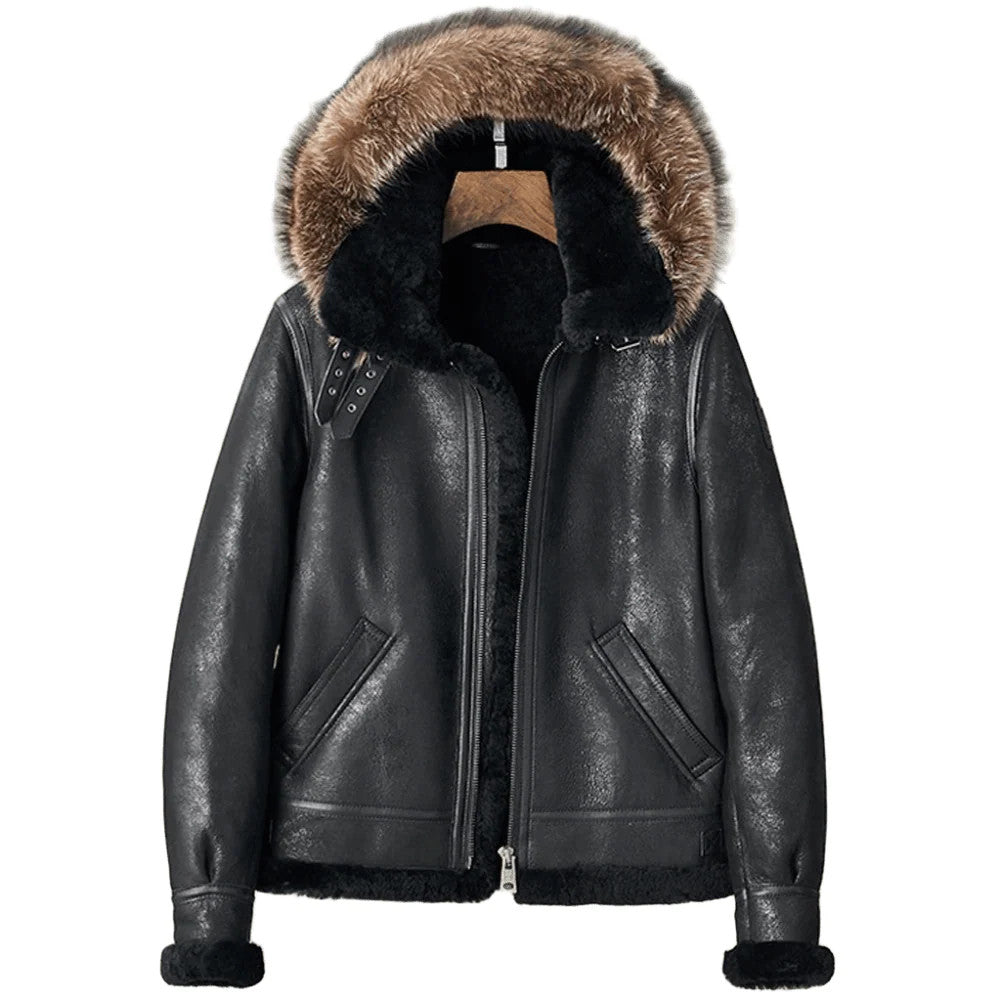 Frozen Midnight Shearling Hooded B3 Jacket for Cold-Weather Rebels