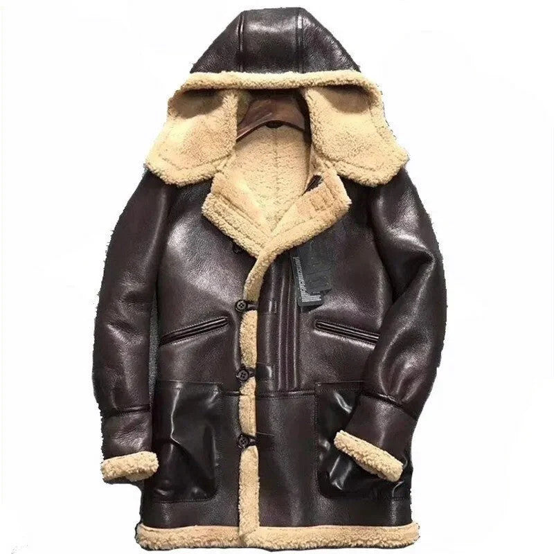 Frontier Flame Hooded Leather Shearling Coat for Men, Sun and Sand Tough