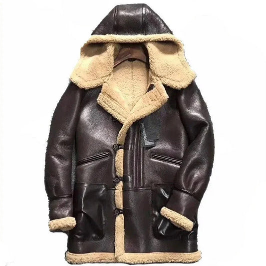 Frontier Flame Hooded Leather Shearling Coat for Men, Sun and Sand Tough