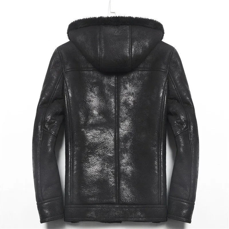 StormPeak Explorer Mens Hooded Shearling Leather Jacket Cold-Weather Icon