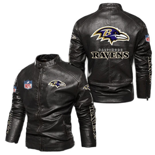 Baltimore Ravens NFL Motorcycle Leather Jacket, Biker Style with Sticker Patches