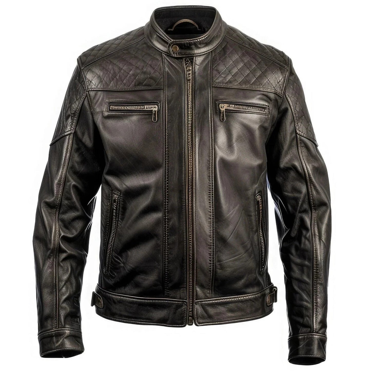 Men’s Black Genuine Classy Stand Collar Biker Zipper Leather Jacket