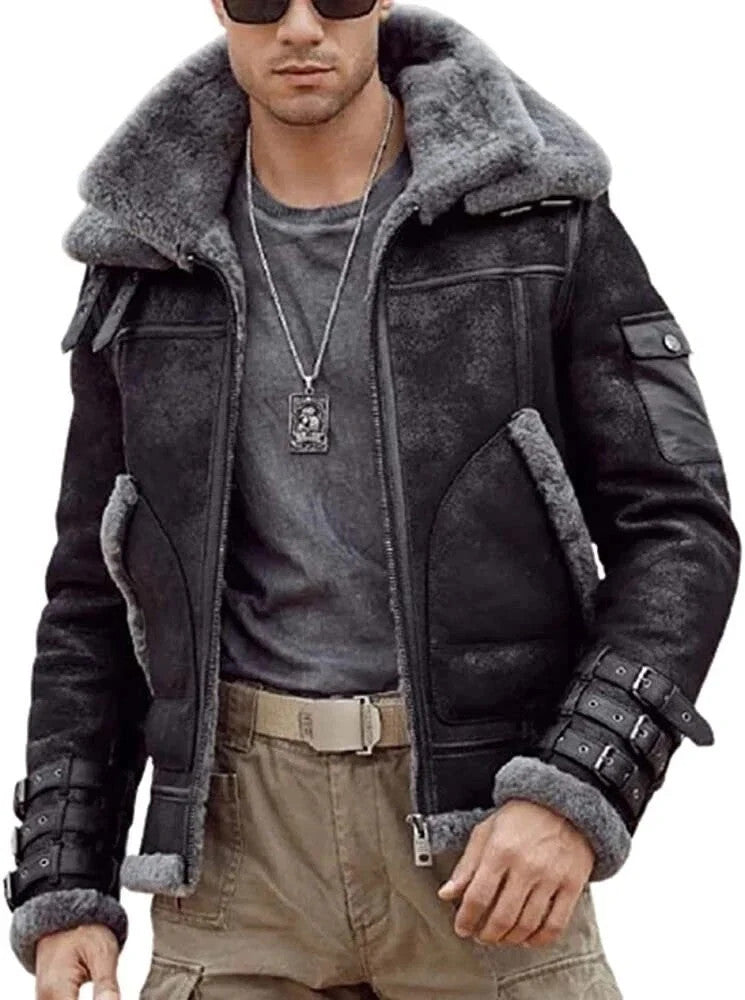 Men B3 Bomber Black Waxed Double collar Real Fur Flying Aviator Leather Jacket