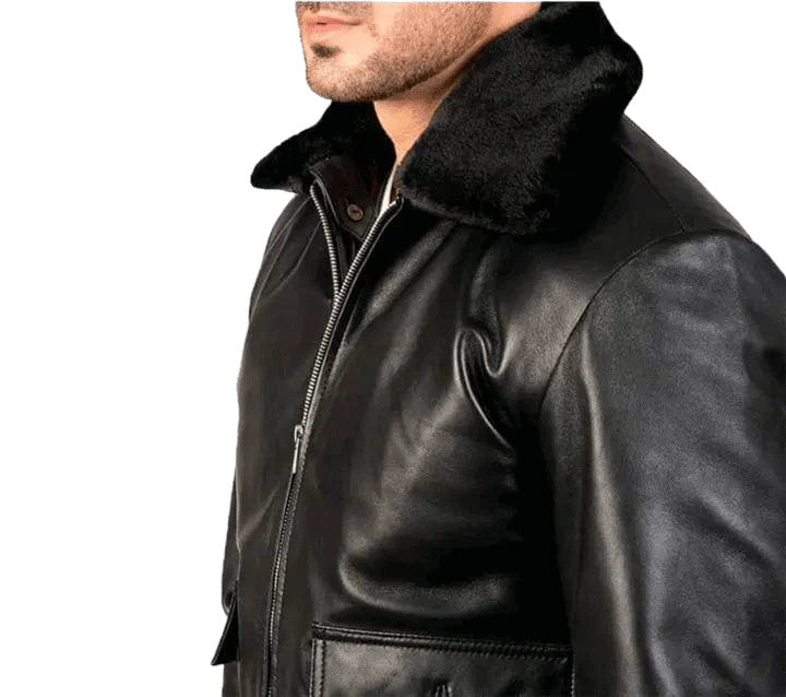 Airin G-1 Leather Bomber Jacket, Classic Black Aviator Look