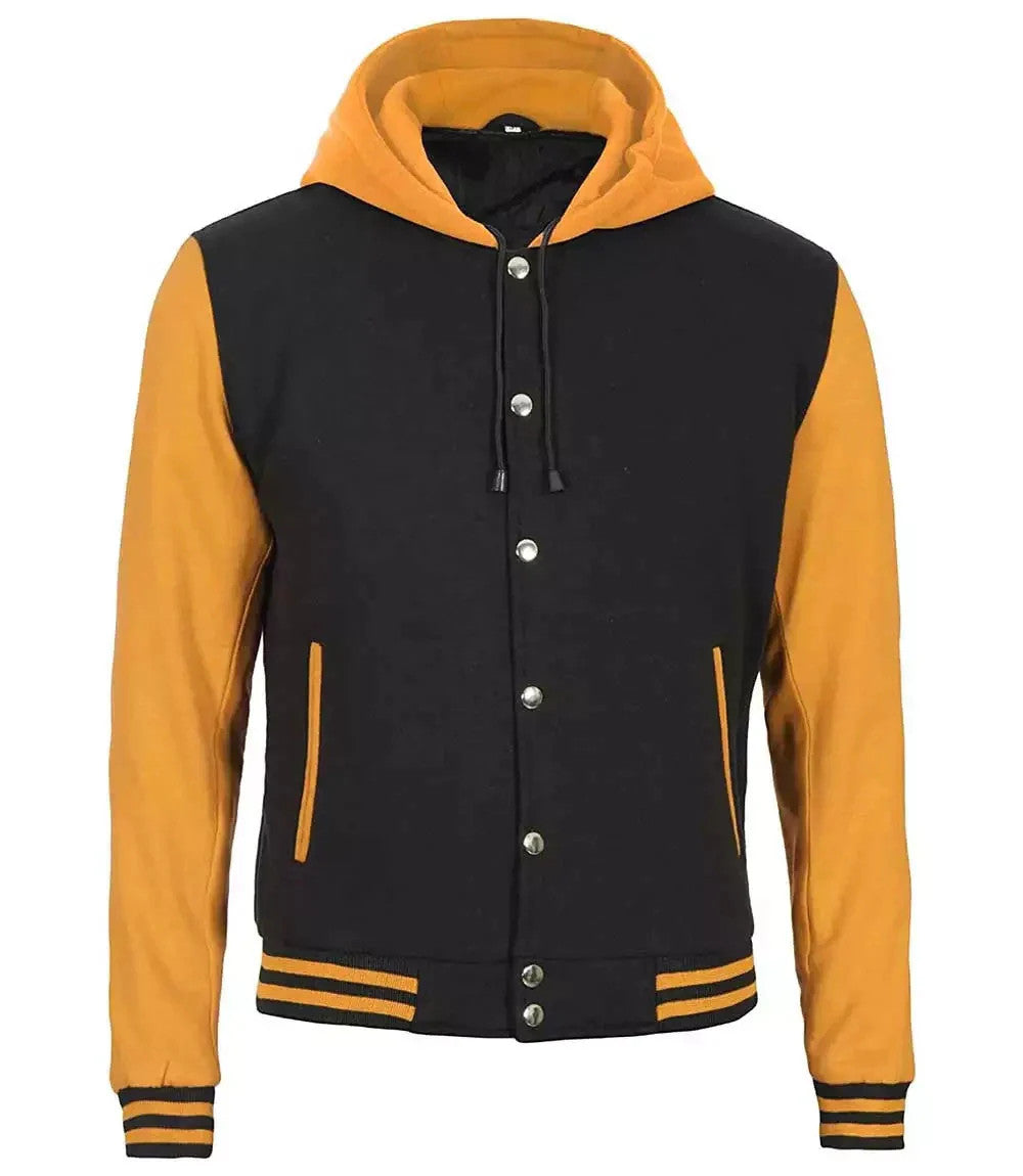 Mens Yellow and Black Hooded Varsity Jacket, Classic College Letterman Style