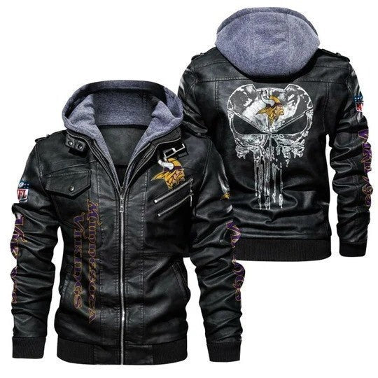NFL Minnesota Vikings Leather Biker Jacket Hooded Bomber Style, Sticker Patches