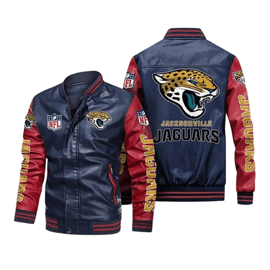 Jacksonville Jaguars NFL Leather Bomber Jacket, Varsity Design with Team Patches