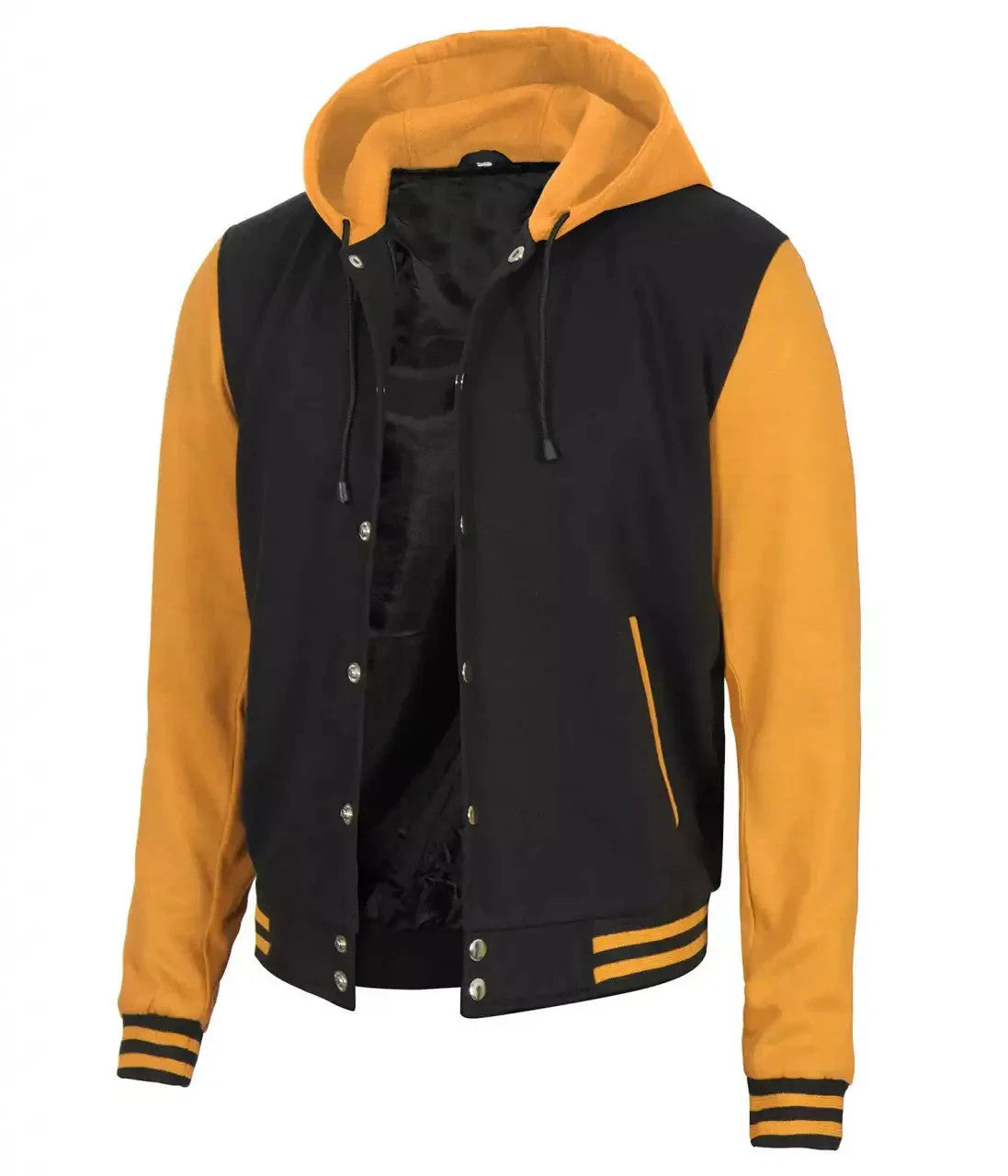 Mens Yellow and Black Hooded Varsity Jacket, Classic College Letterman Style