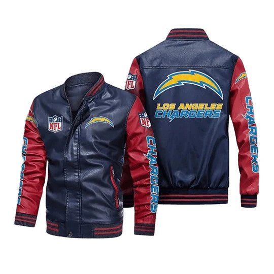 Los Angeles Chargers NFL Leather Jacket, Bomber Varsity Style, Sticker Patches