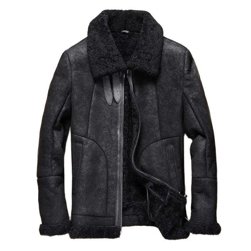 Cold Night Hunter Mens Shearling Coat in Sheepskin Leather with Worn-In Texture