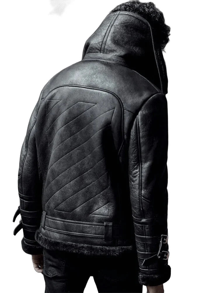 Dark Horizon Black B3 Shearling Jacket, Airforce Bomber with Twin Fur Collar