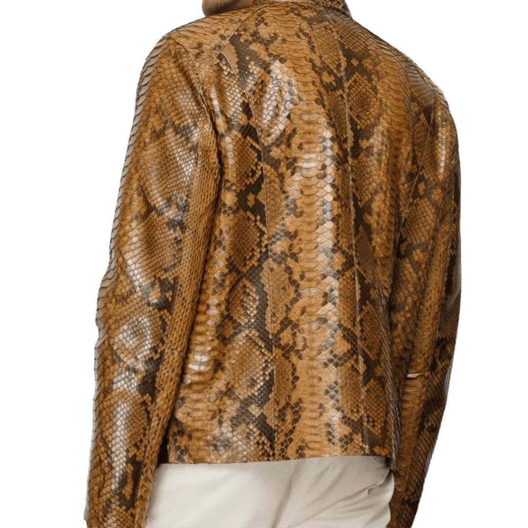 Luxury Mens Motorcycle Jacket Brown Python Patterned Leather