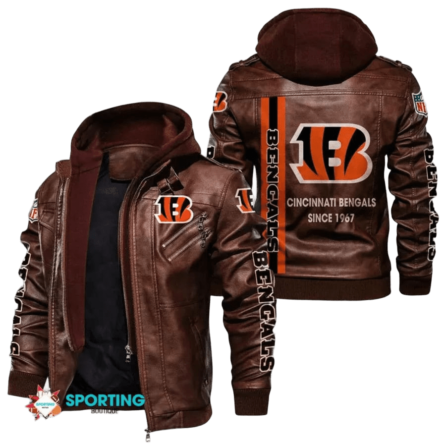 Cincinnati Bengals Bomber Leather Jacket Hooded Motorcycle Biker, Sticker Patch