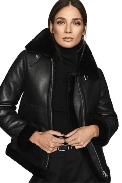 Rebel Refined Womens Shearling Black Leather Jacket with a Flip Twist