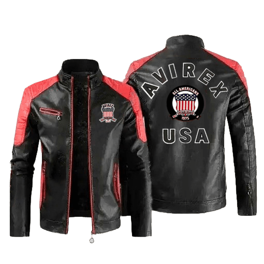 Mens AVIREX Biker Jacket Leather with USA Shield Patch and Racing Accents