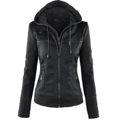 Women Leather Jacket Genuine Biker Moto Removable Hooded Leather Jacket