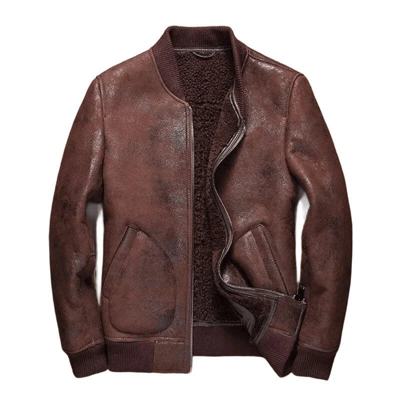 Brown Classic Shearling Fur Coat Baseball Sheepskin Leather Jacket