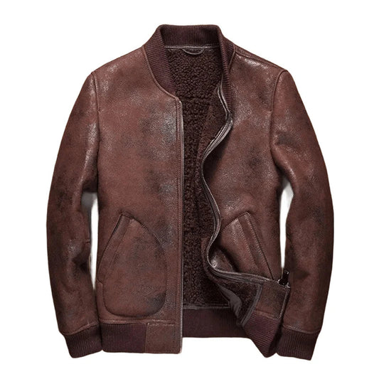 Brown Classic Shearling Fur Coat Baseball Sheepskin Leather Jacket