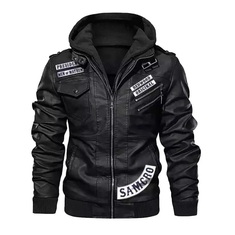 Sons of Anarchy Motorcycle Biker Bomber Hooded Leather Jacket, Sticker Patch