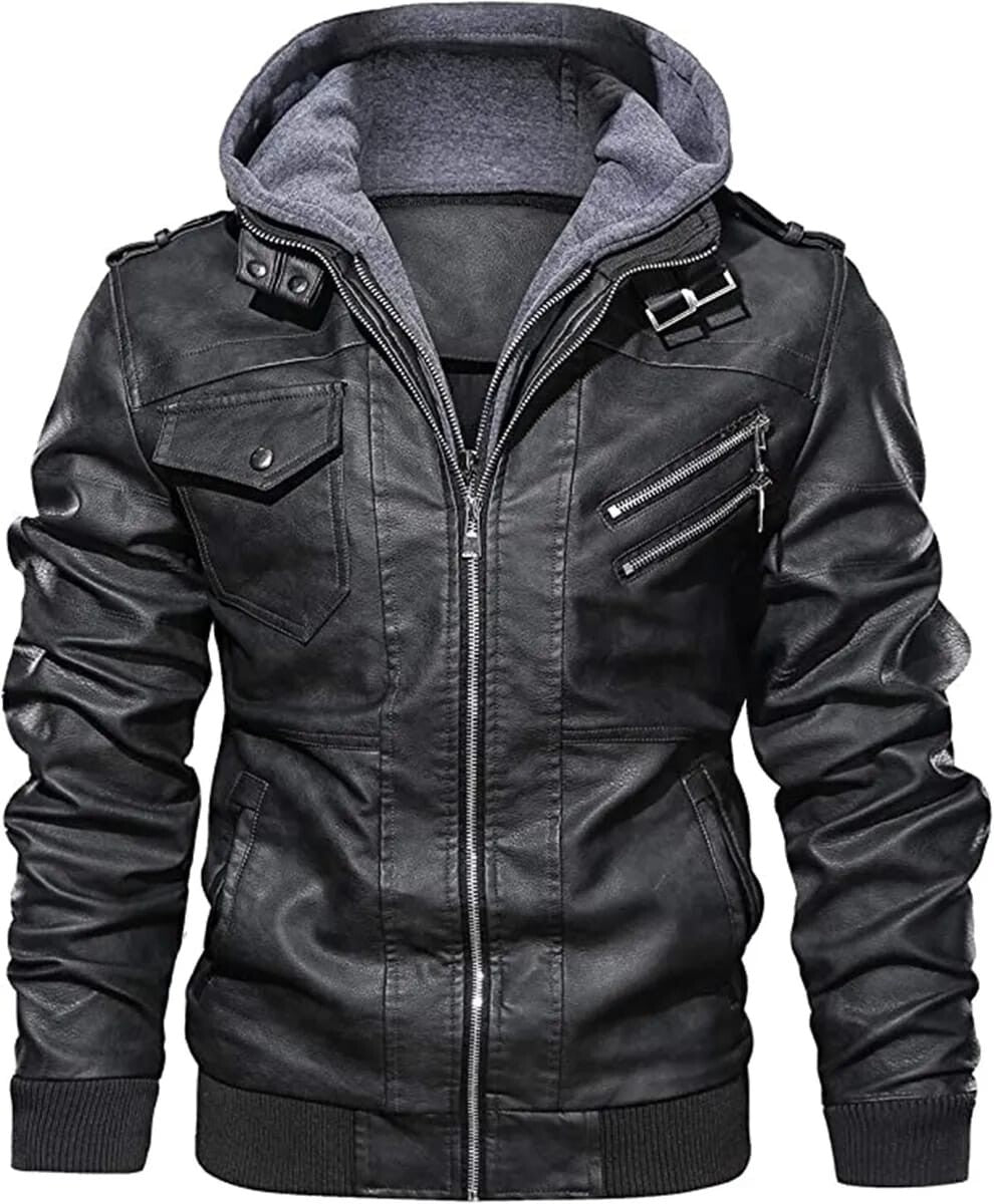 Hood Crew Men’s Casual Stand Collar Leather Zip-Up Bomber Jacket