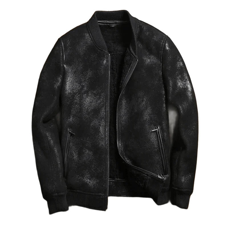 Cracked Legacy Varsity Shearling Jacket for Men Cold Weather Sheepskin Leather