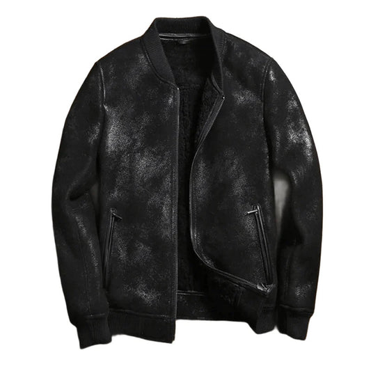 Cracked Legacy Varsity Shearling Jacket for Men Cold Weather Sheepskin Leather