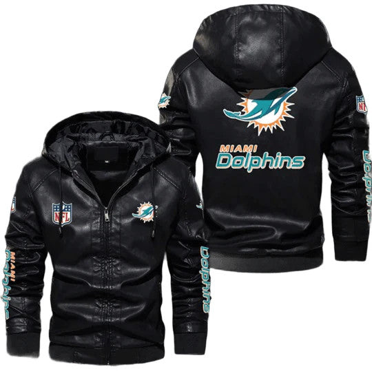 Miami Dolphins NFL Hooded Leather Bomber Jacket with Iconic Team Patches