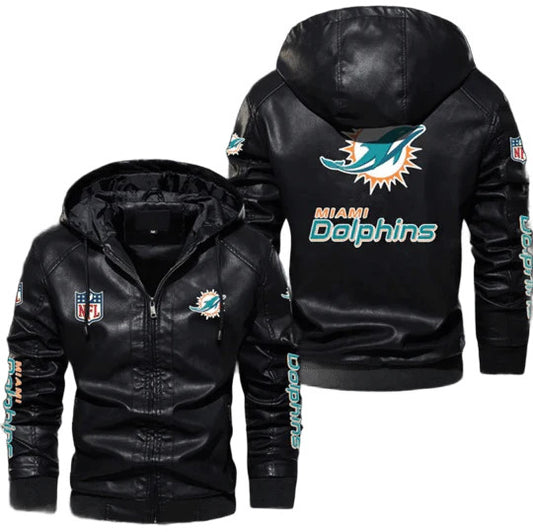 Miami Dolphins NFL Hooded Leather Bomber Jacket with Iconic Team Patches