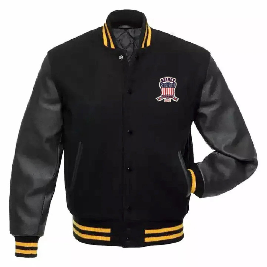 Avirex Wool Bomber Leather Sleeve Varsity Jacket, USA Patch, Streetwear Style