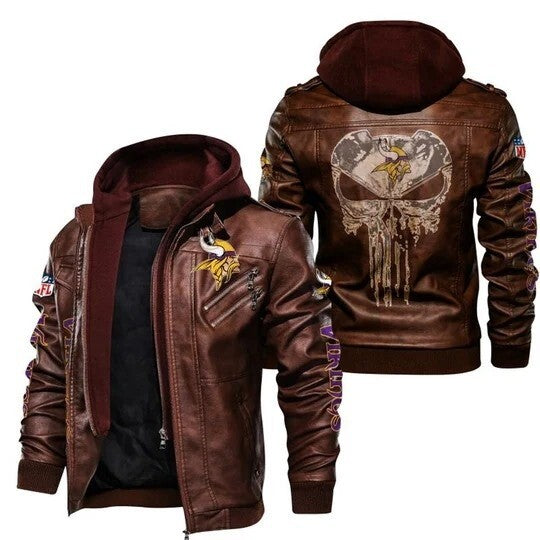 NFL Minnesota Vikings Leather Biker Jacket Hooded Bomber Style, Sticker Patches