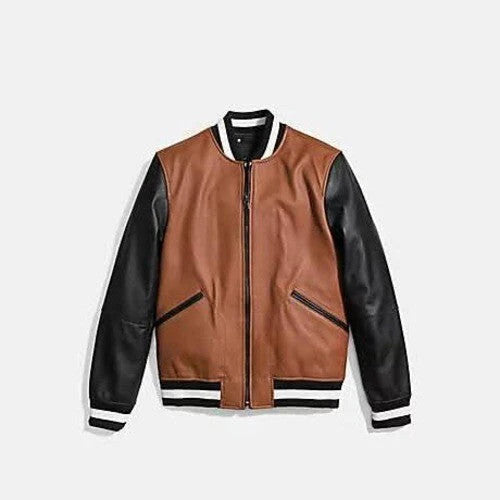 Coach Men’s Two-Tone Varsity Jacket Tan Black Leather Outerwear