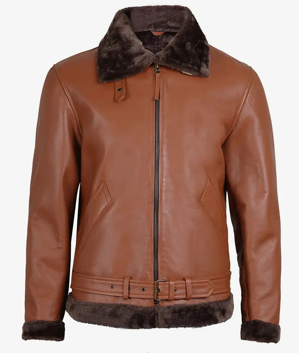 Mens Classic Shearling Leather Aviator, Warm Fur Trimmed Cognac Jacket