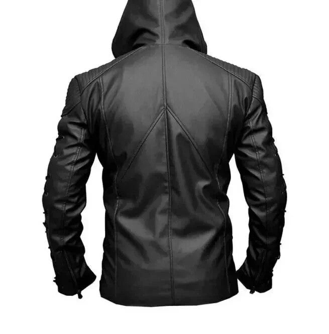 Green Arrow Black Roy Harper Mens Leather Hooded Jacket