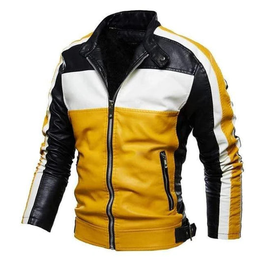Bold Mens Leather Jacket Yellow Black Color Block Biker Style