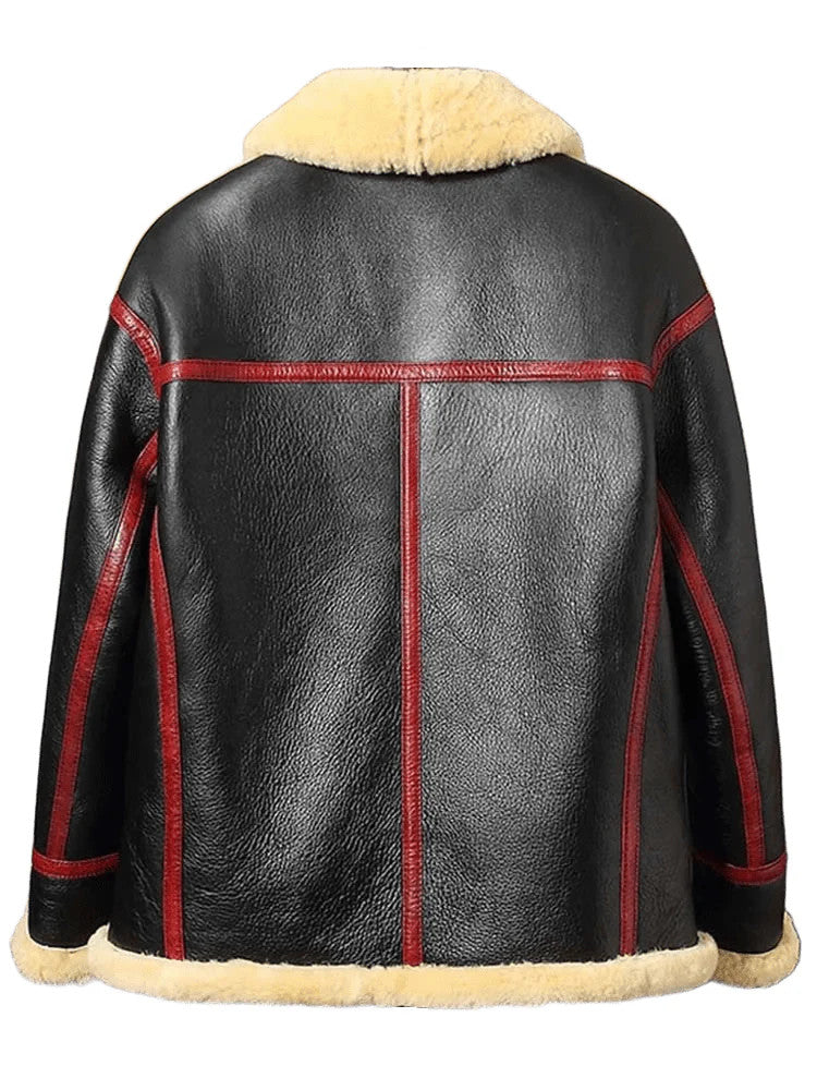 Black Python Mens Shearling Leather Flight Jacket with Wild Edge