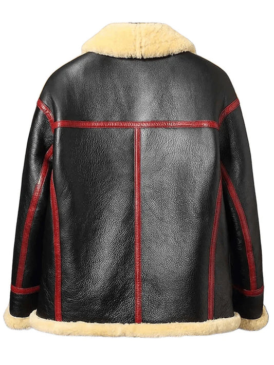 Black Python Mens Shearling Leather Flight Jacket with Wild Edge