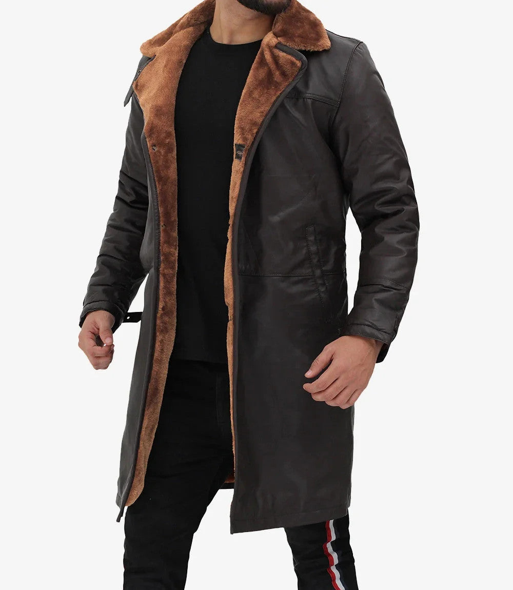 Mens Dark BrownLeather Fur Trimmed Coat, Warm Shearling Lined Overcoat