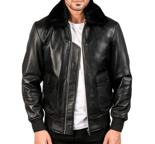 Airin G-1 Leather Bomber Jacket, Classic Black Aviator Look
