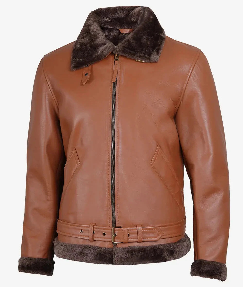 Mens Classic Shearling Leather Aviator, Warm Fur Trimmed Cognac Jacket