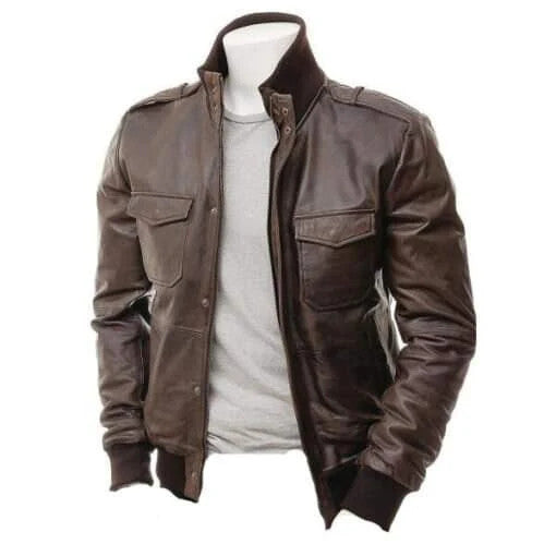 Men’s Brown Leather Jacket , Full Sleeves, Shoulder Patch Design