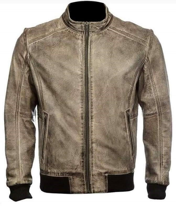 Mens Ashborne Jacket Grey Distressed Leather, Rib Knit Trim, Vintage Biker Cut