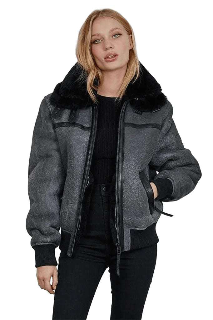 Skyfall Stone Womens Shearling Leather Jacket, Cosmic Warmth and Vintage Edge
