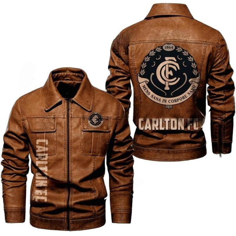 Carlton FC Leather Biker Leather Jacket, Tough Fan Look with Bold Sticker Patch