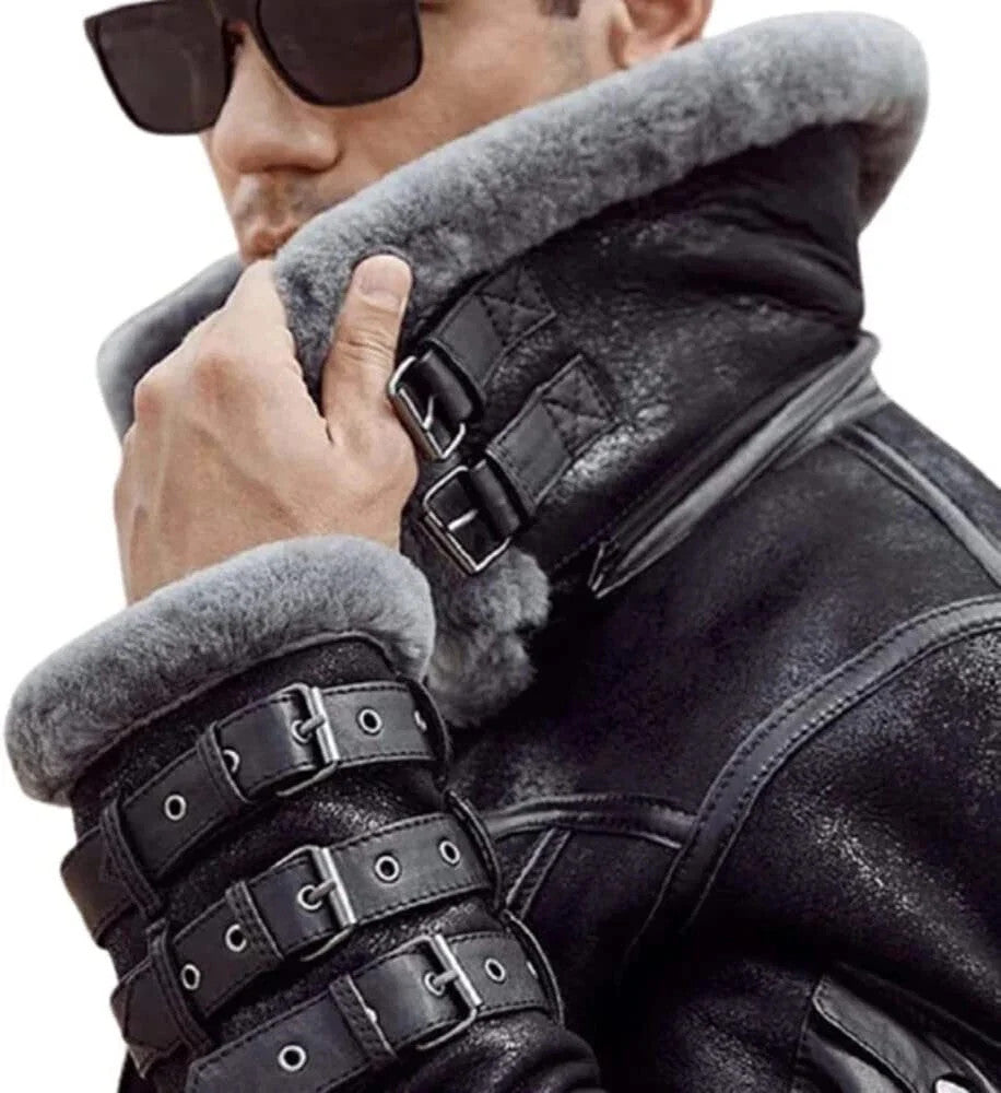 Men B3 Bomber Black Waxed Double collar Real Fur Flying Aviator Leather Jacket