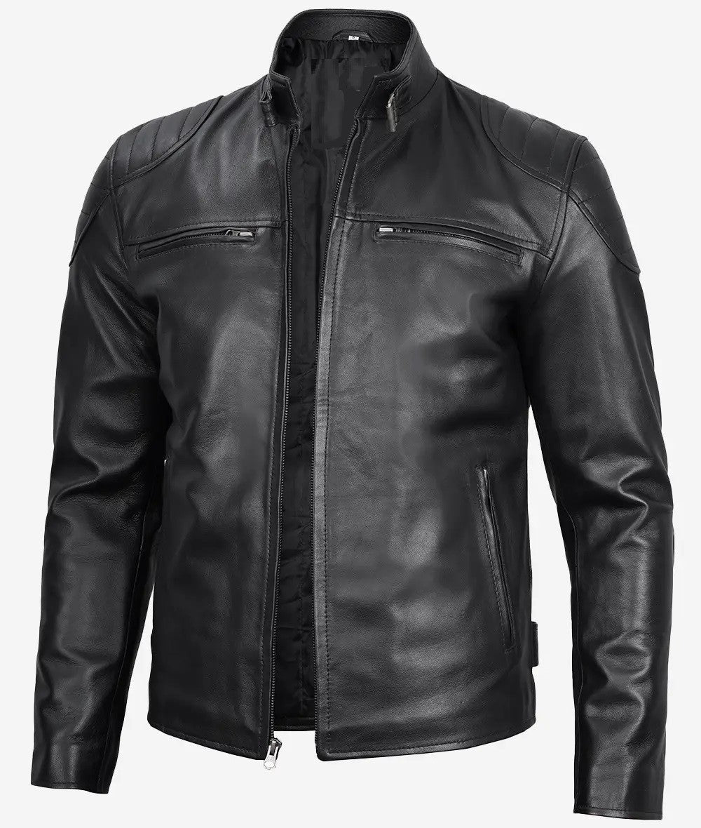 Mens Black Leather Biker Jacket, Modern Café Racer with Padded Shoulder