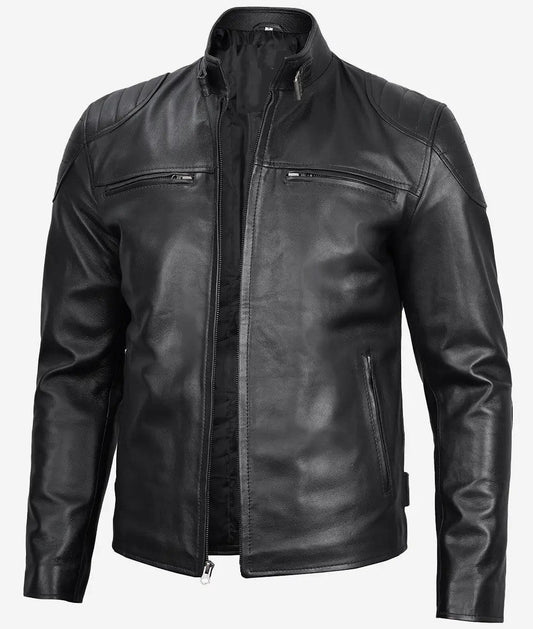 Mens Black Leather Biker Jacket, Modern Café Racer with Padded Shoulder