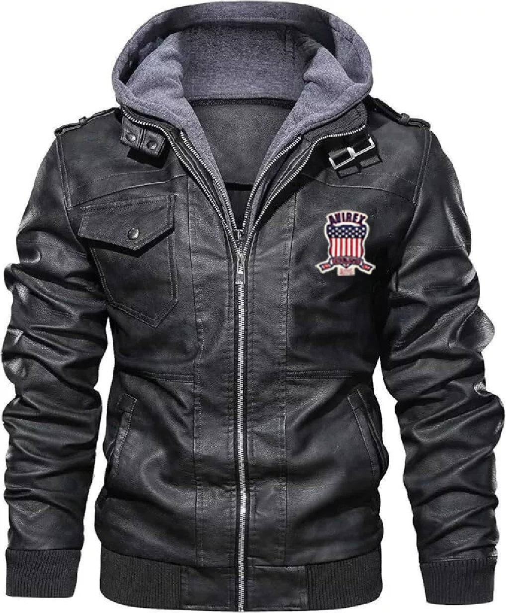Avirex Shadowrider Hooded Leather Moto Bomber Jacket, Zip-Up Streetwear Legend