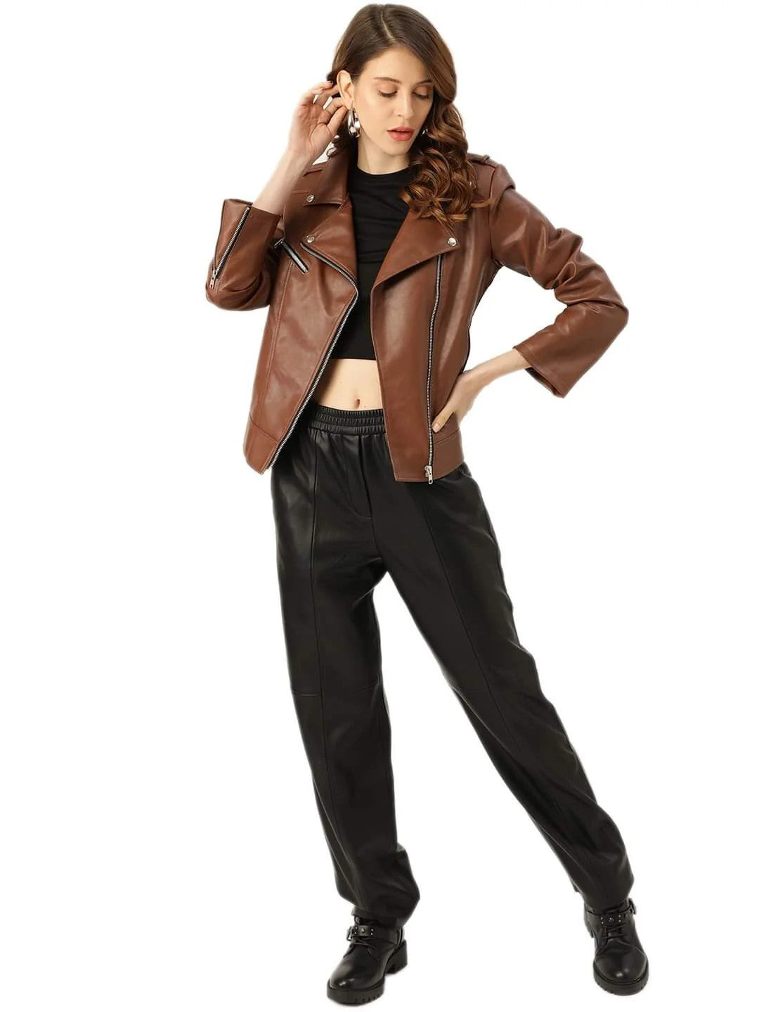 Stylish Lapel Collar Leather Jacket Womens Casual Chocolate Brown